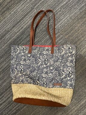 Sakroots Navy Floral Large Tote with Natural Straw Base and Brown Handles